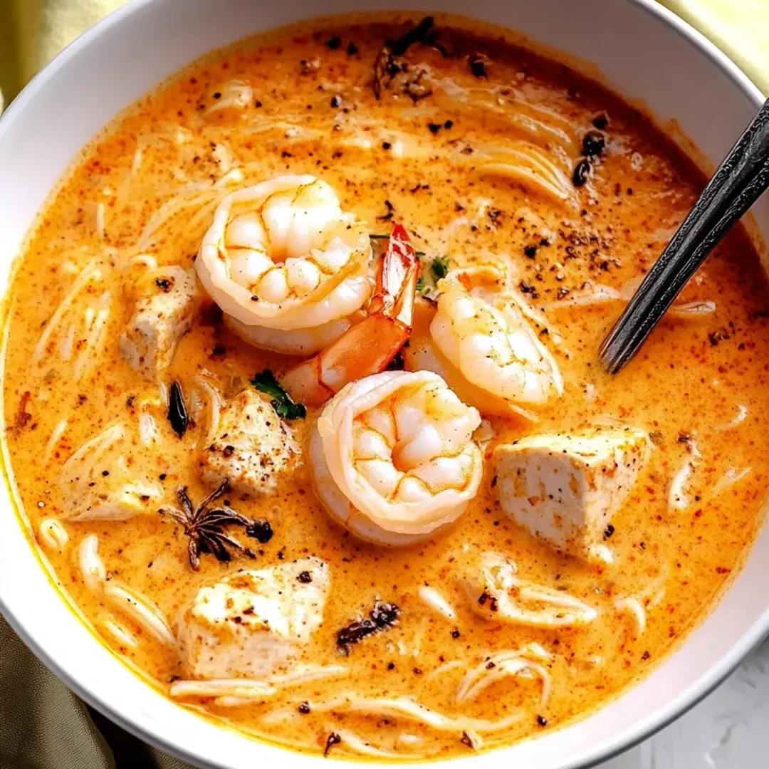 A bowl of soup with shrimp and noodles.