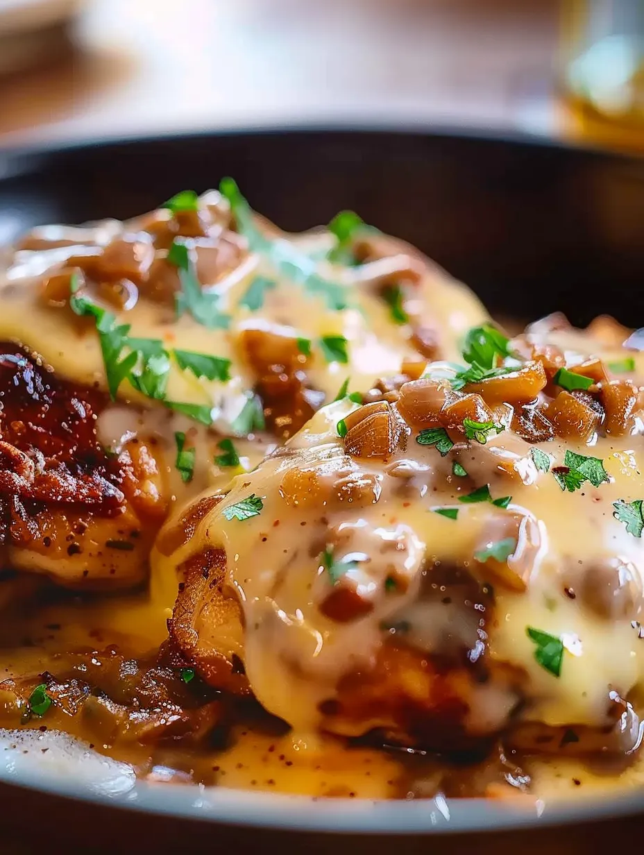 A serving of hearty smothered chicken topped with melted cheese and onions.