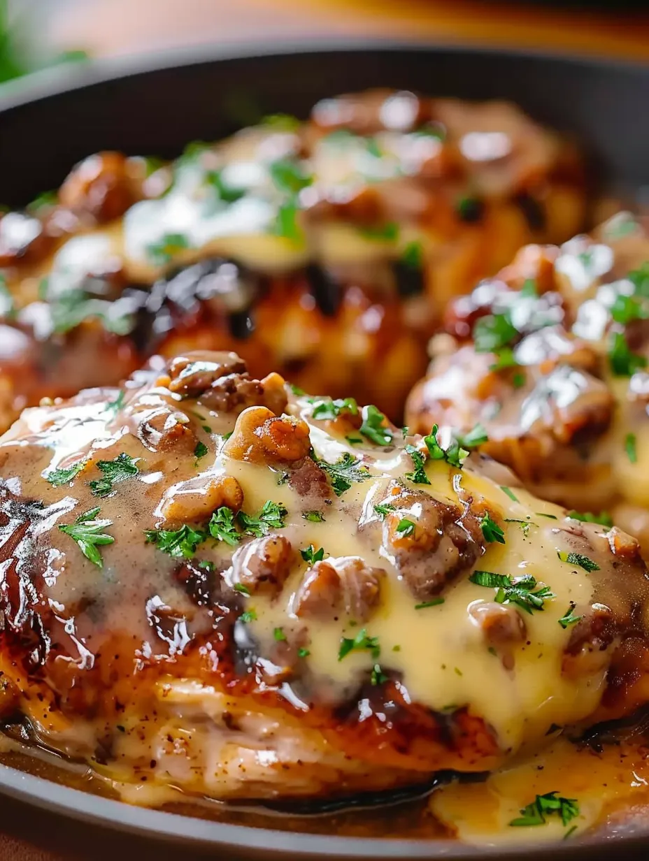 A mouthwatering close-up of cheesy smothered chicken fresh from the oven.