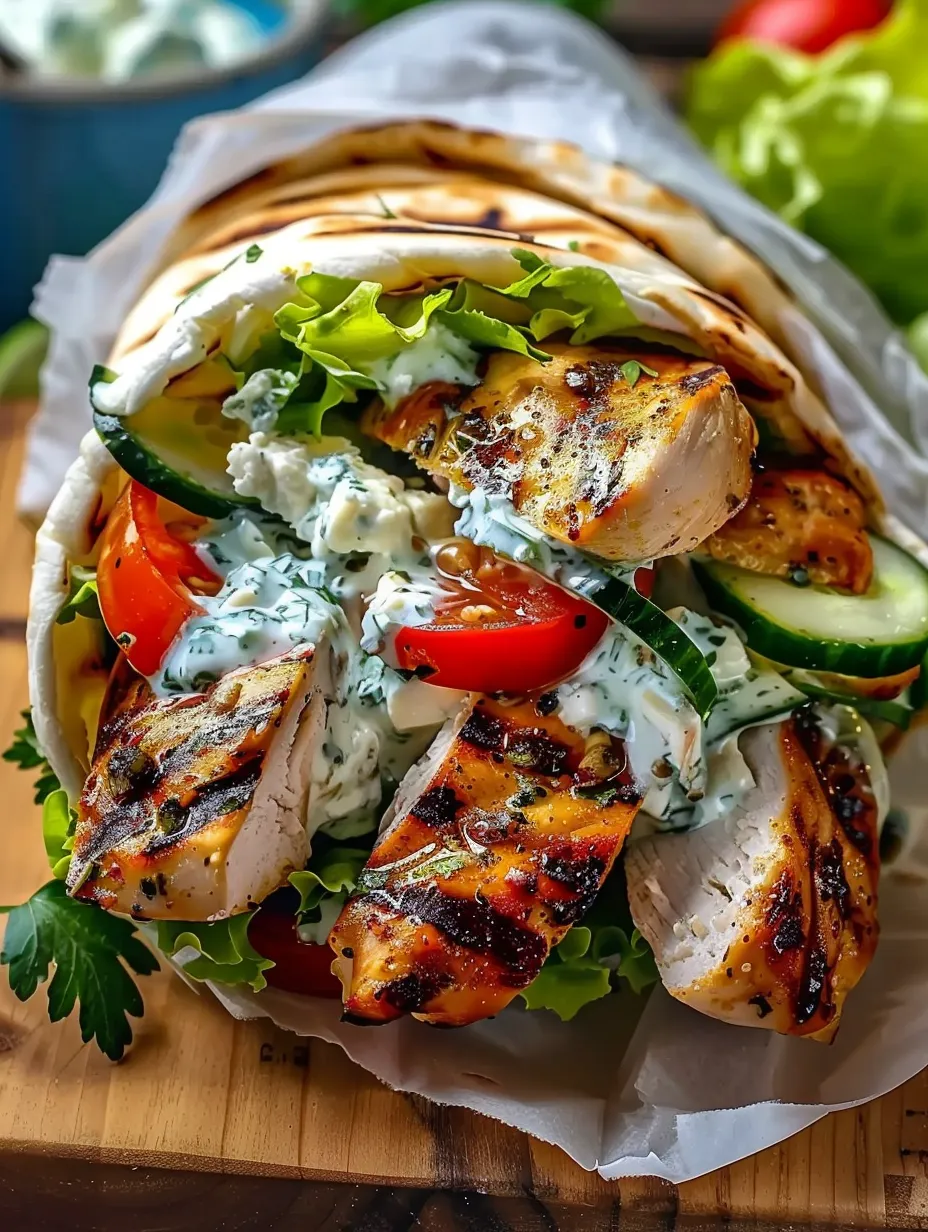 A gyro with chicken, tomatoes, cucumbers, and feta.