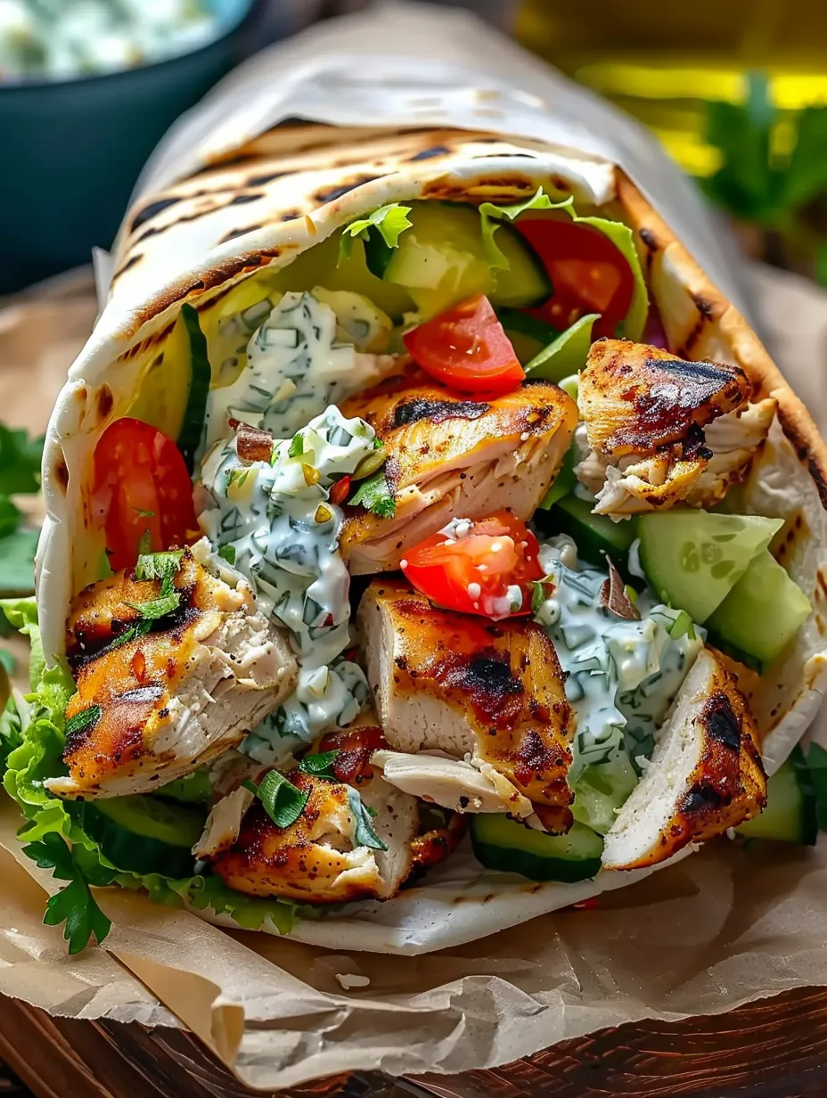 A gyro with chicken, tomatoes, cucumbers, and feta cheese.