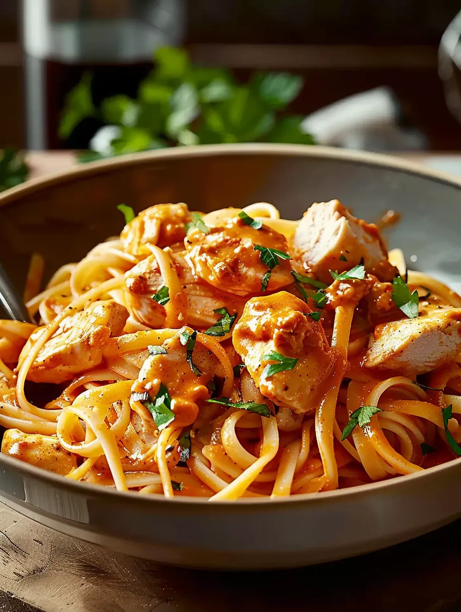 A bowl of pasta with chicken and sauce.