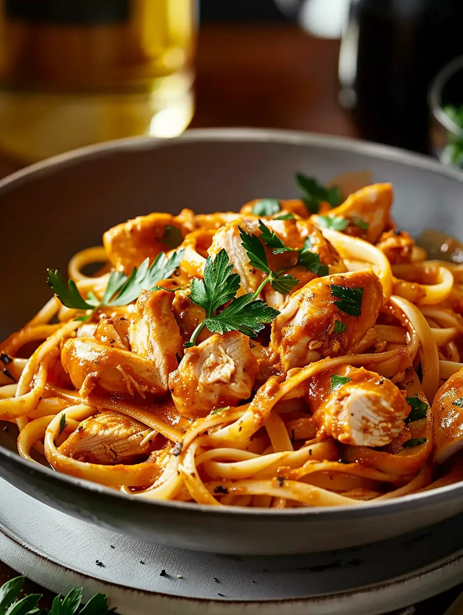 A bowl of chicken and pasta.