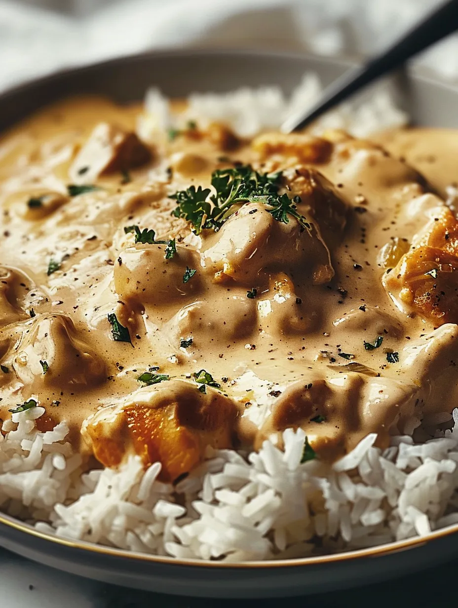 A bowl of creamy smothered chicken and rice.