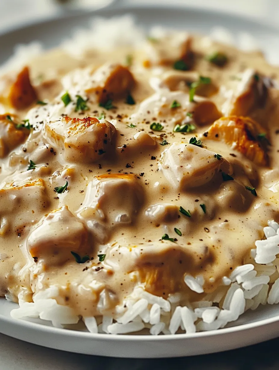 A plate of creamy smothered chicken and rice.