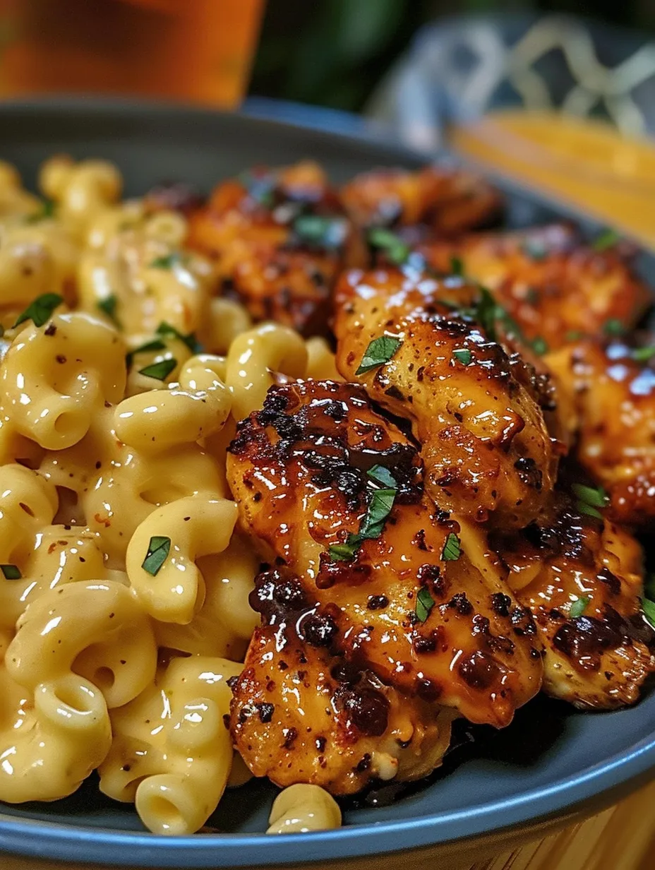 A plate of spicy honey pepper chicken and mac and cheese.