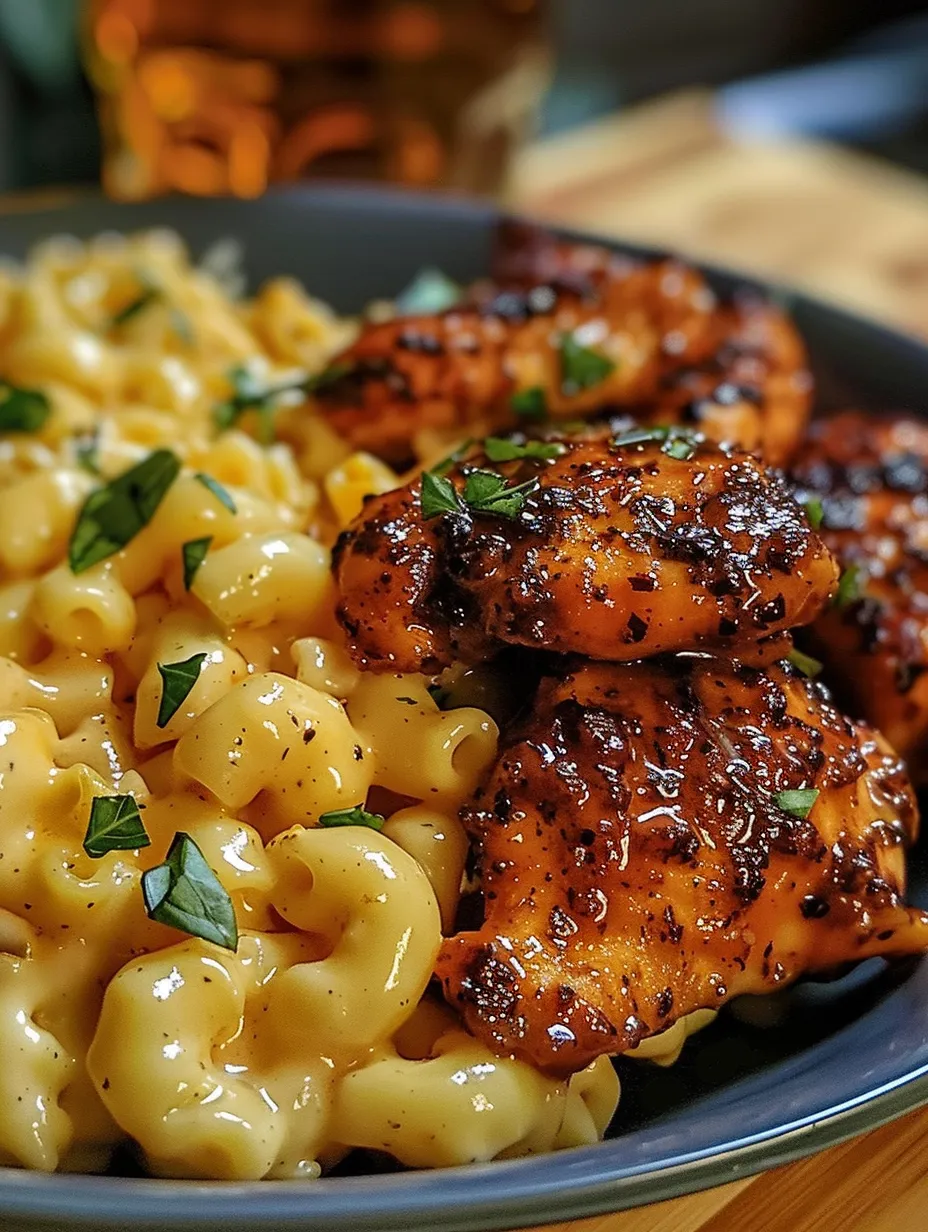 A plate of spicy honey pepper chicken and mac and cheese.