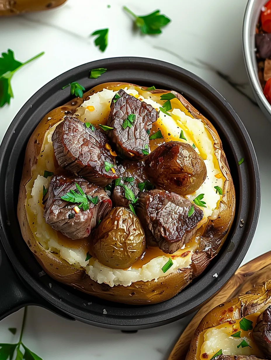 A loaded baked potato with steak .