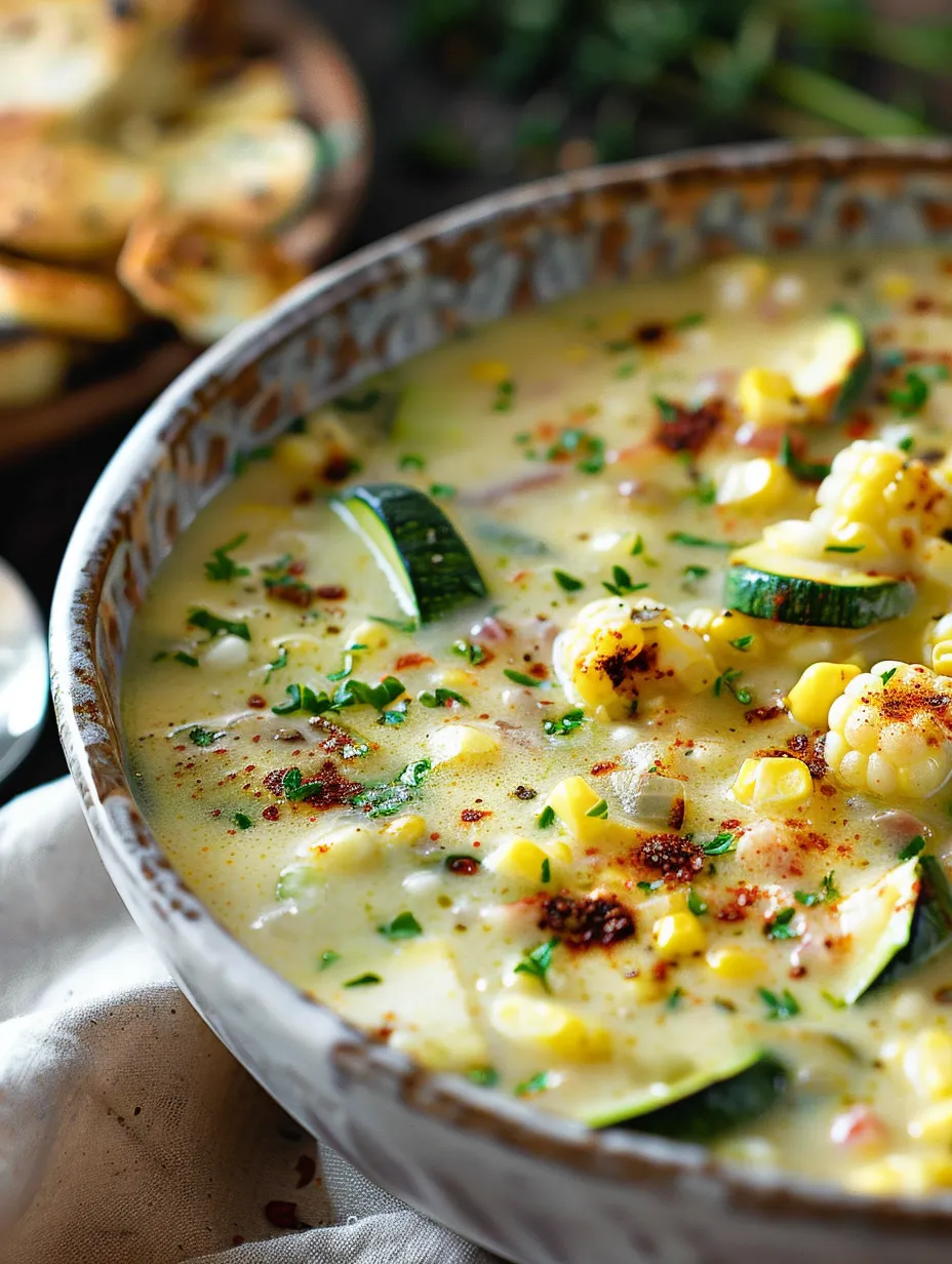 Easy bowl of corn and zucchini chowder.