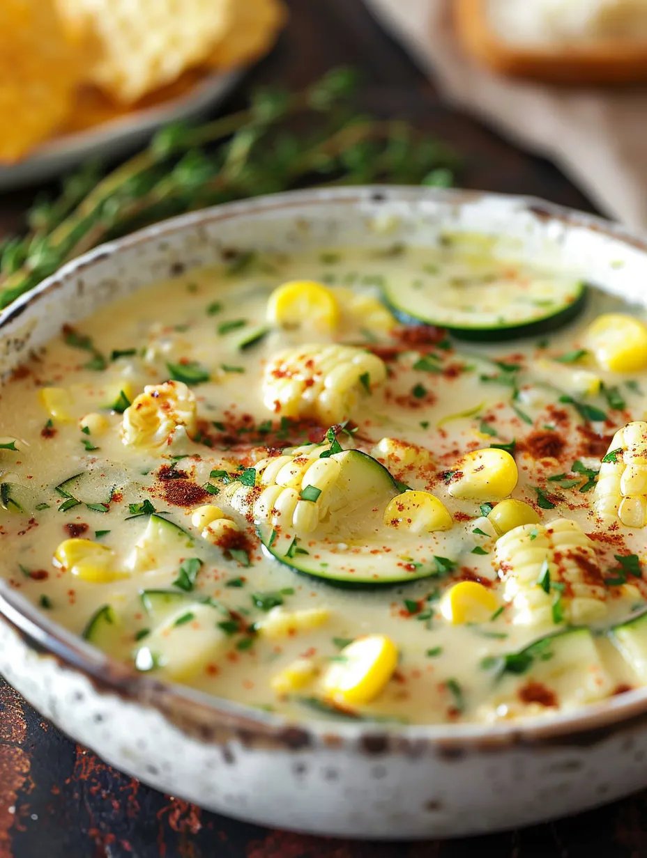 A bowl of corn and zucchini chowder.
