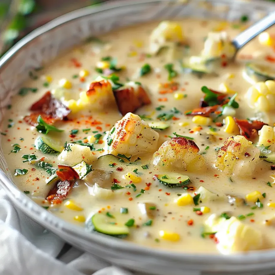 A bowl of soup with corn and zucchini.