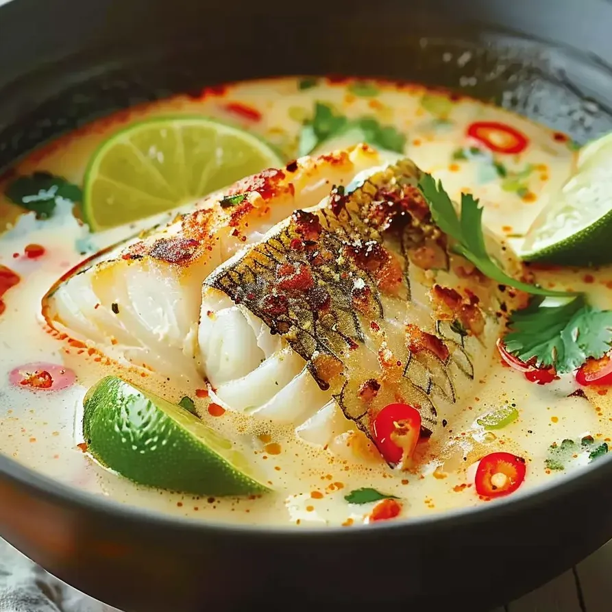 A bowl of soup with fish and lime.