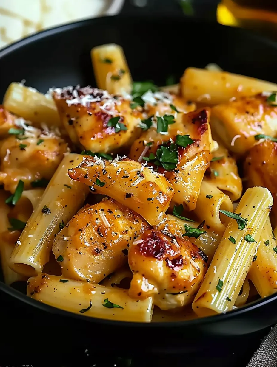 A bowl of garlic butter chicken with rigatoni and parmesan.