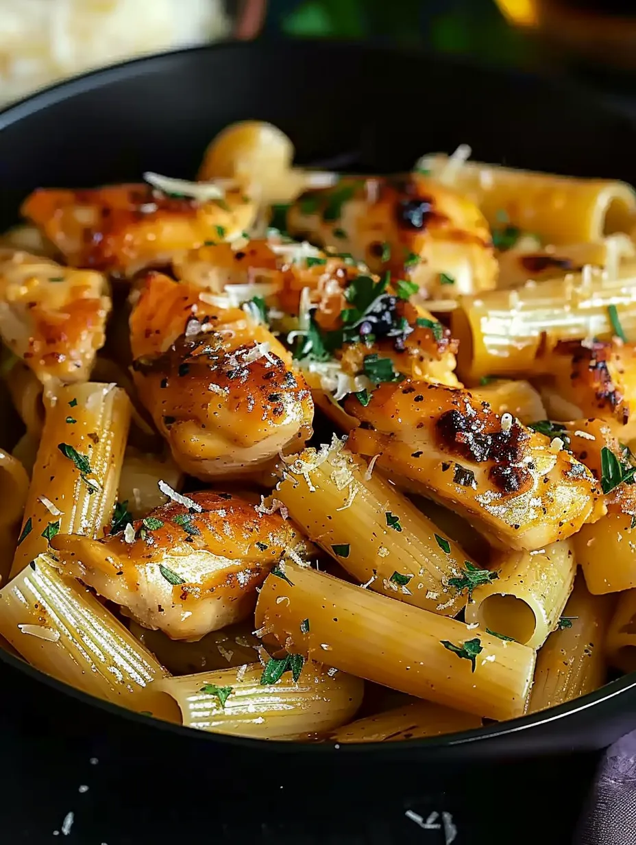 A bowl of chicken and pasta with garlic butter.