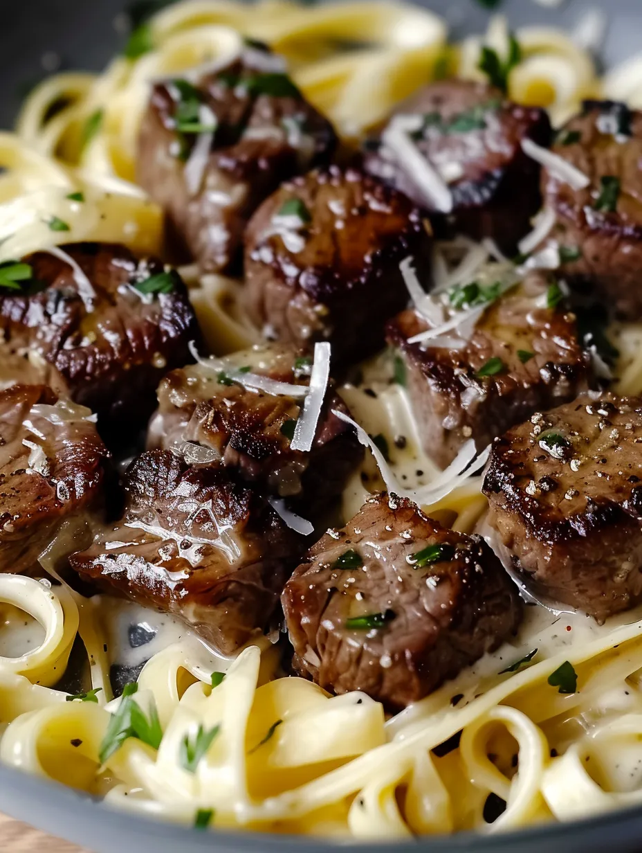 A plate of garlic butter steak bites with creamy parmesan pasta.