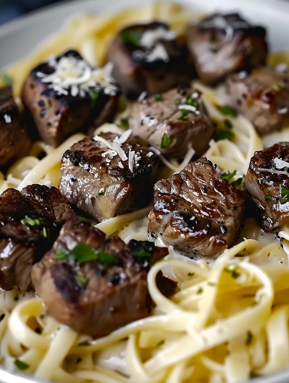 Garlic butter steak bites with creamy Parmesan pasta.