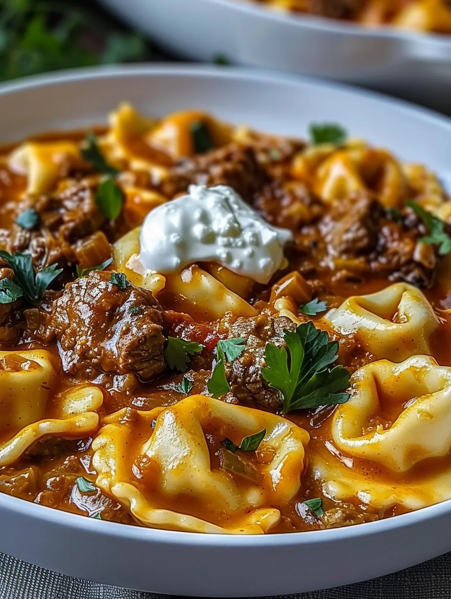 A bowl of beef and cheese enchilada tortellini.