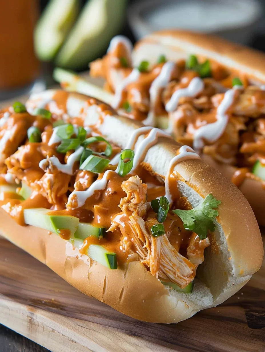A buffalo chicken cheese steak with a side of cucumber.