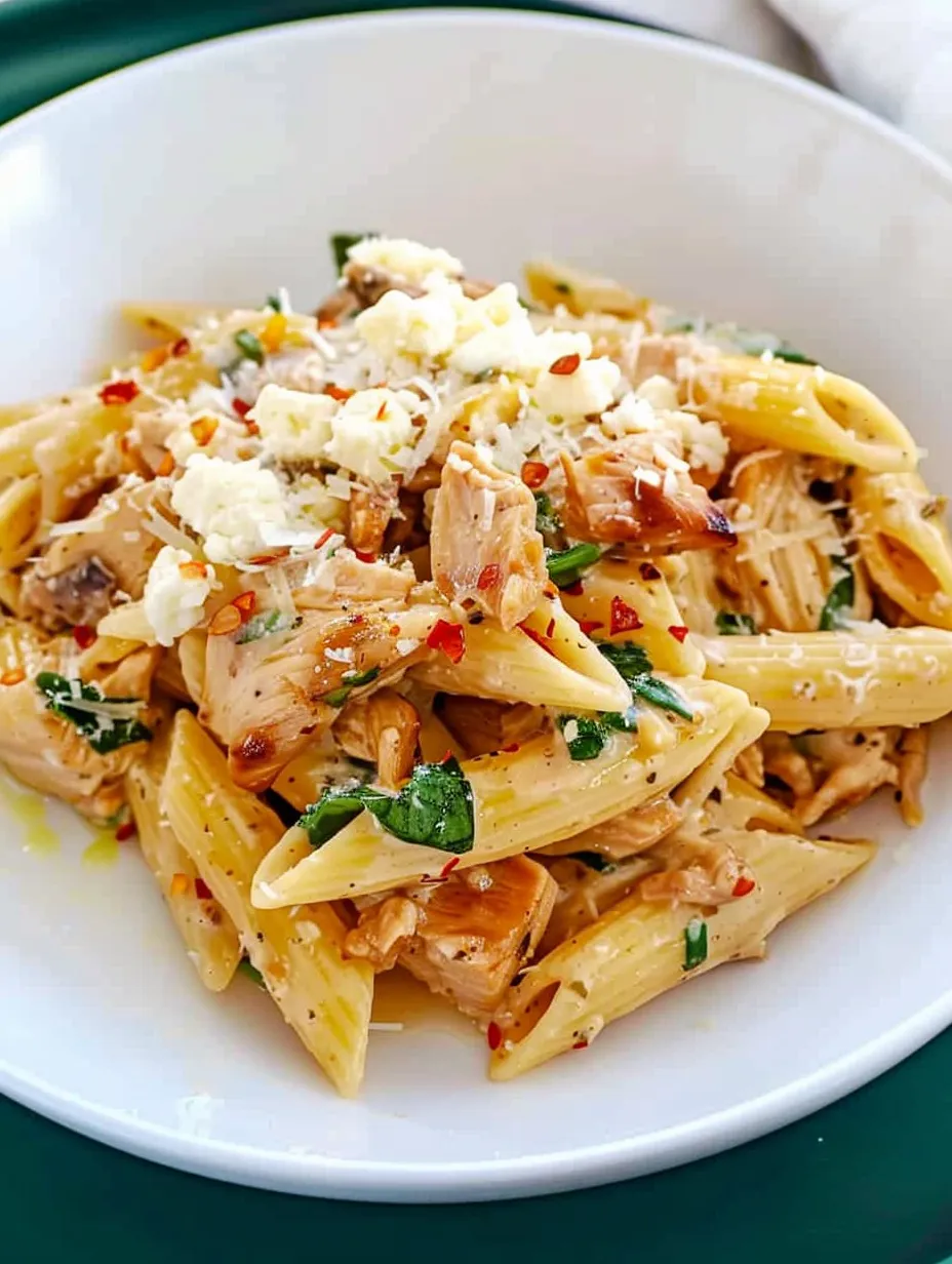 A plate of Tuscan chicken pasta with cottage cheese.