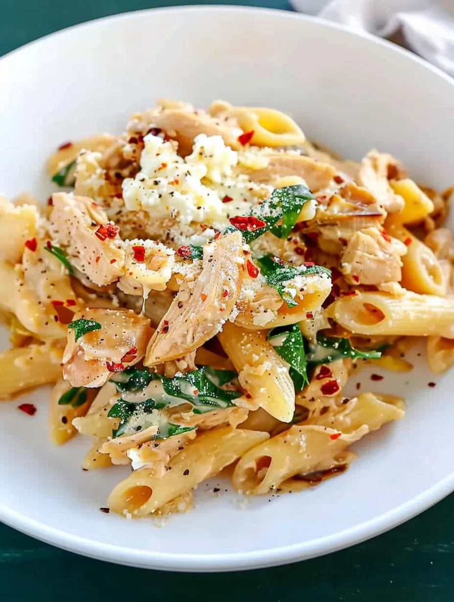 A bowl of pasta with chicken and cottage cheese.