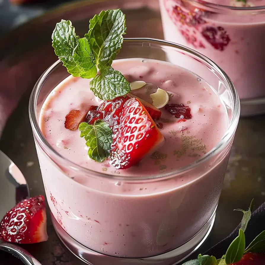 A glass of chilled strawberry yogurt soup.