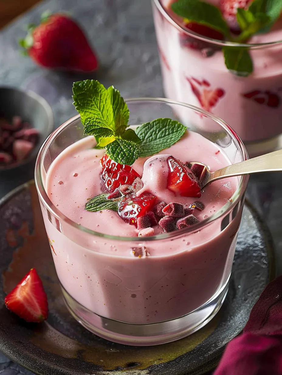 A glass of strawberry yogurt soup.