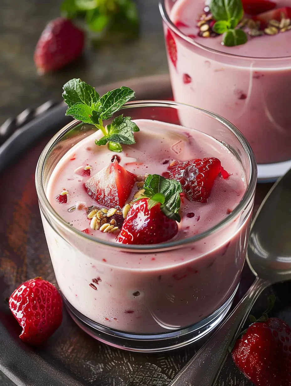 A glass of chilled strawberry yogurt soup.
