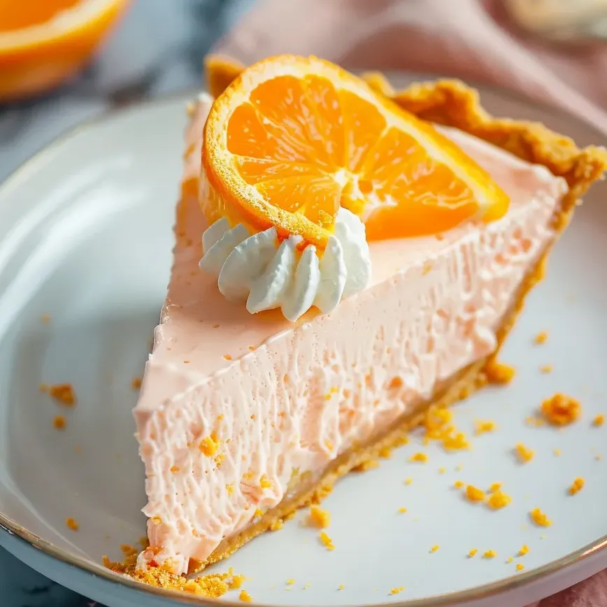A slice of Jello Creamsicle Pie with a slice of orange on top.