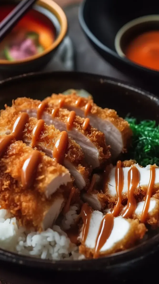 A bowl of food with a sauce on top.