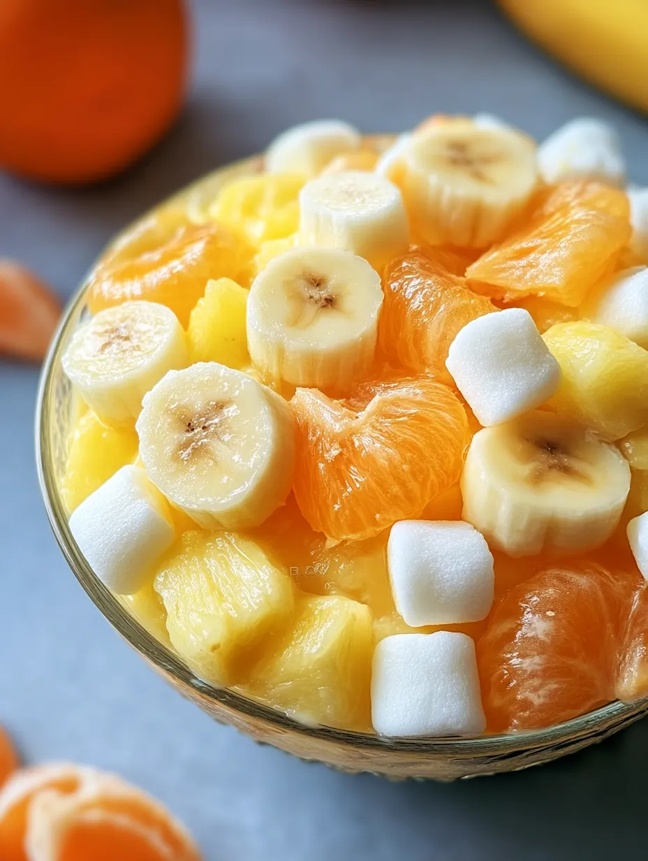 A bowl of fruit with bananas, oranges, and marshmallows.