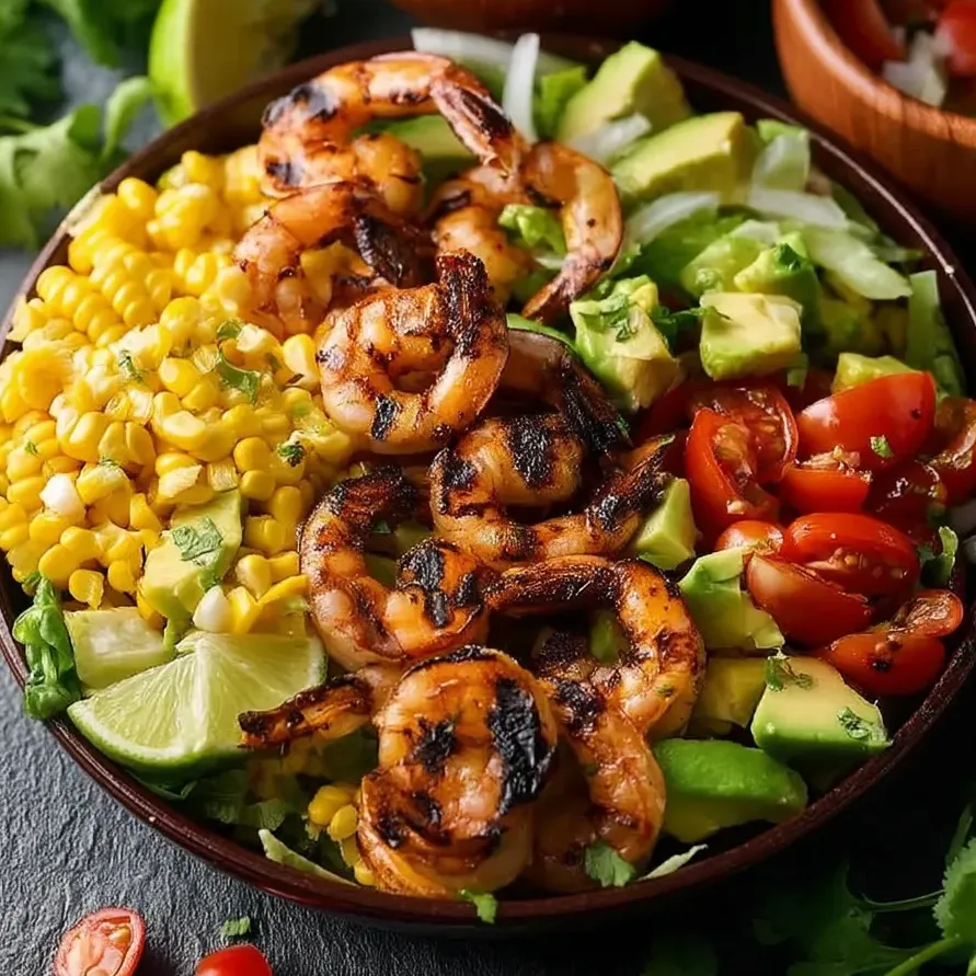A bowl of grilled Mexican shrimp, corn, and avocado salad.