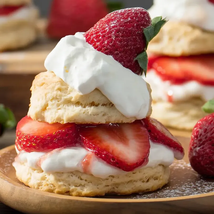 A stack of strawberry shortcake with whipped cream.