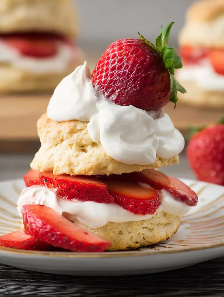 A stack of strawberry shortcake with cream.