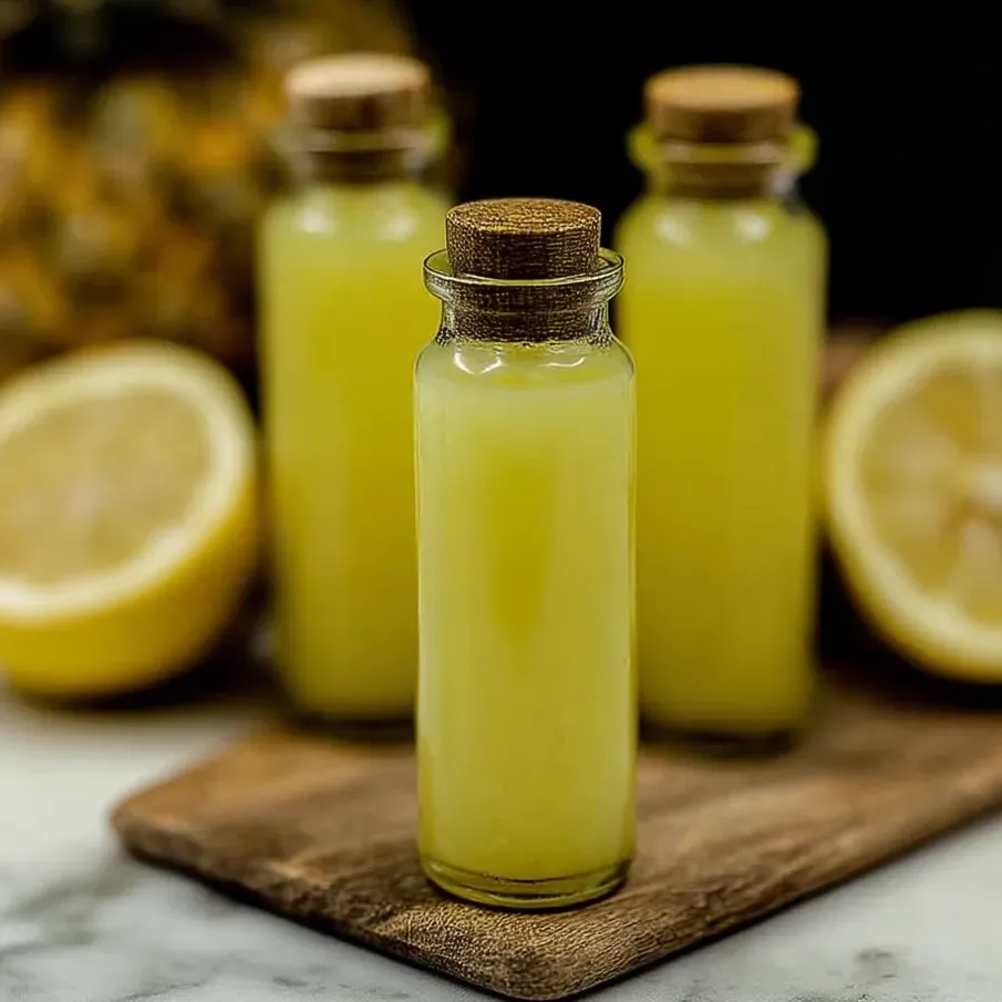 Three bottles of pineapple coconut lemon ginger juice wellness shots.