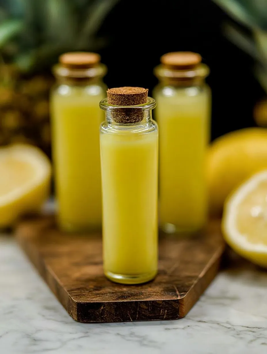 Three bottles of bright yellow tropical wellness juice shots.