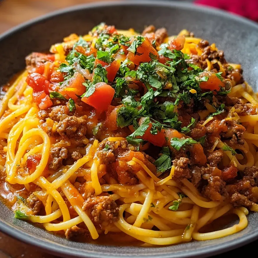 A bowl of spaghetti with meat and tomatoes.