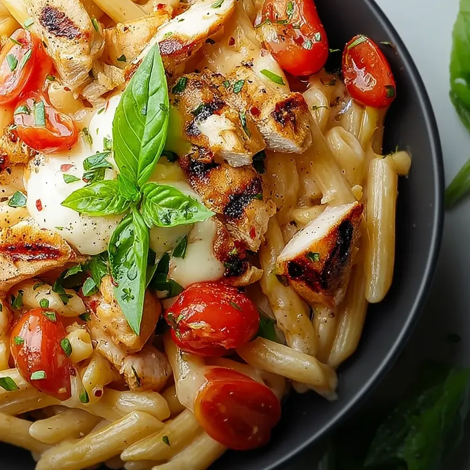 A bowl of chicken mozzarella pasta.
