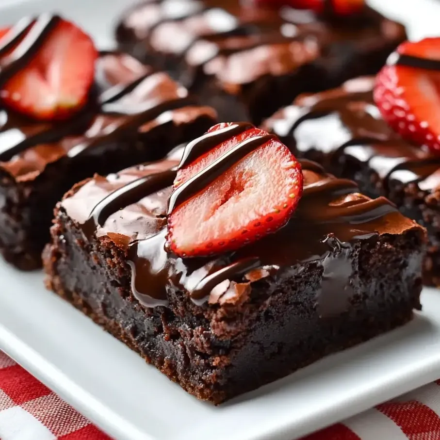A plate of chocolate covered strawberry brownies.