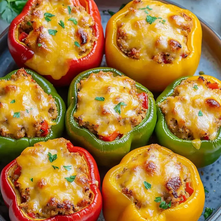 Four stuffed bell peppers with cheese and herbs.