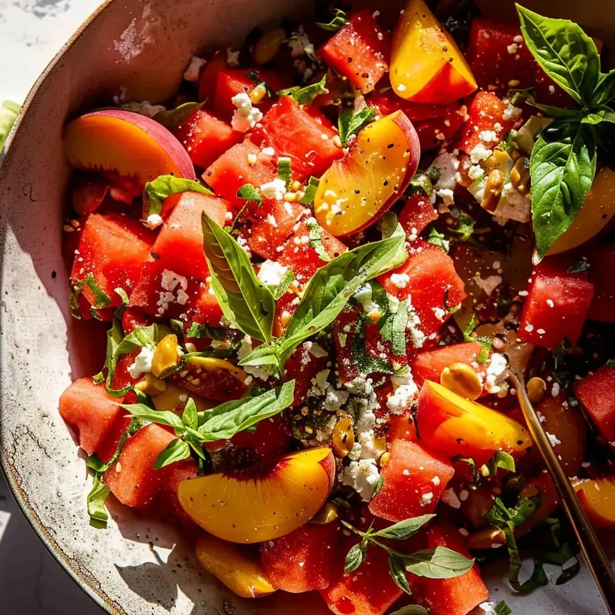 A bowl of watermelon peach salad.