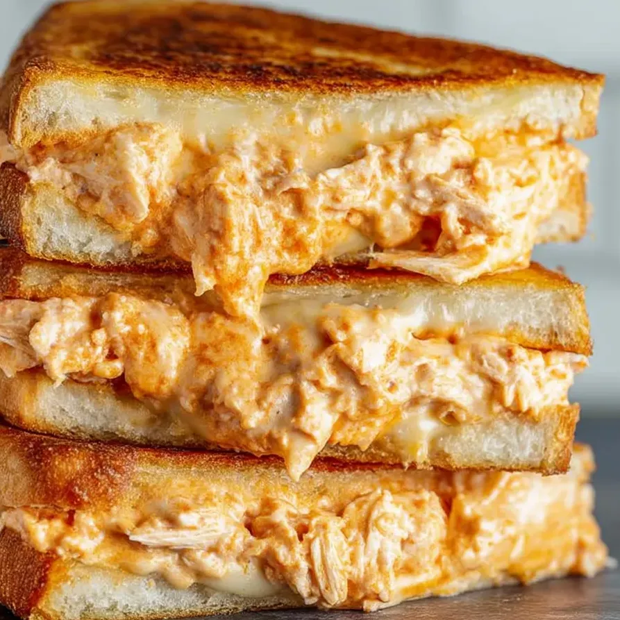 Three pieces of grilled cheese with buffalo chicken sauce.