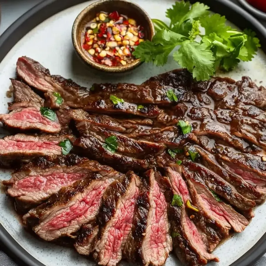 A plate of sliced beef with a bowl of seasoning.