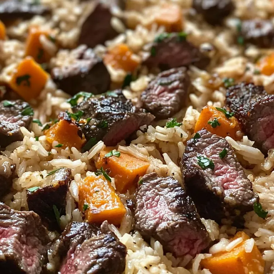 A skillet of rice, meat and vegetables.