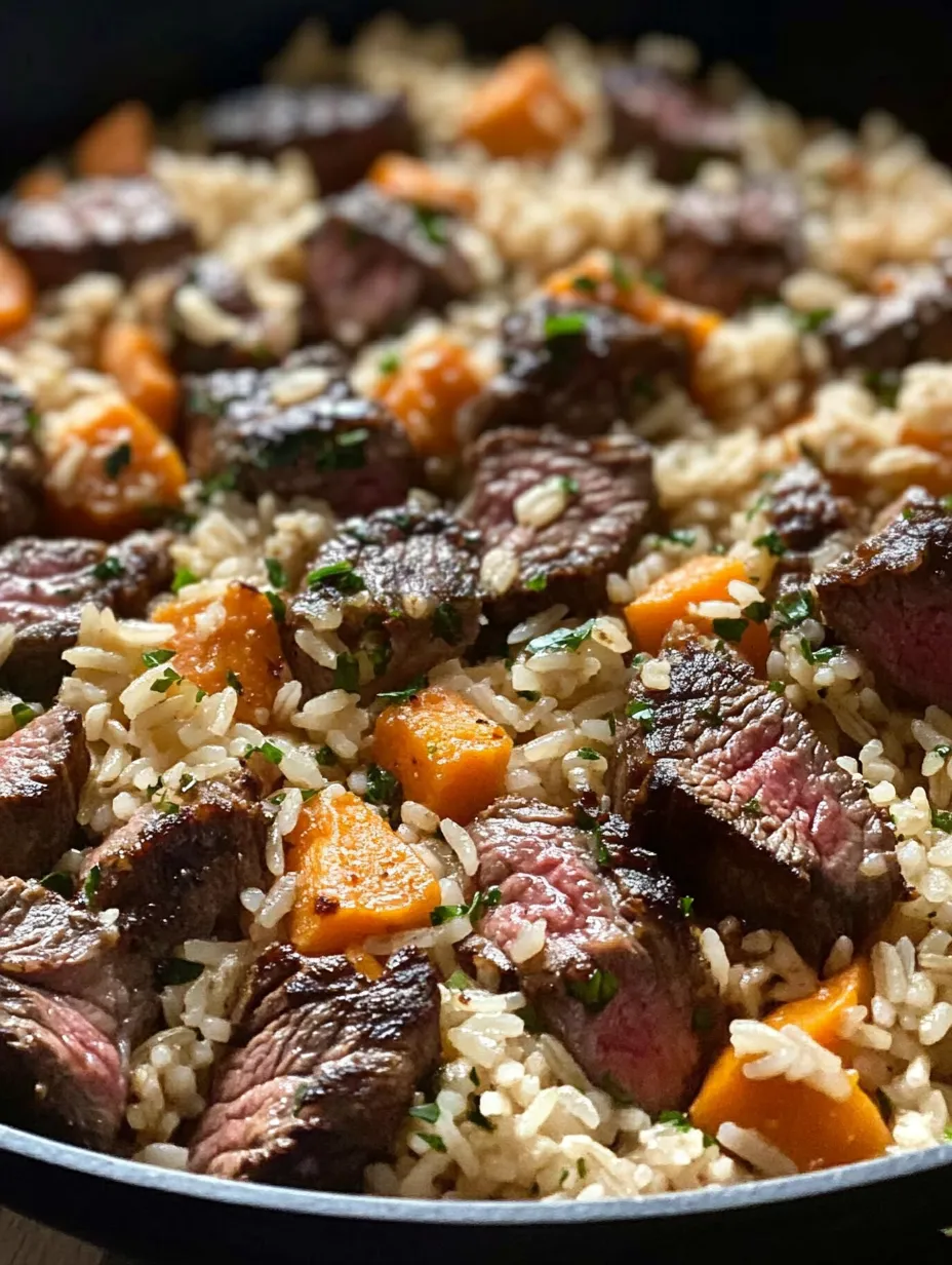 A skillet of rice, steak, and cheese.