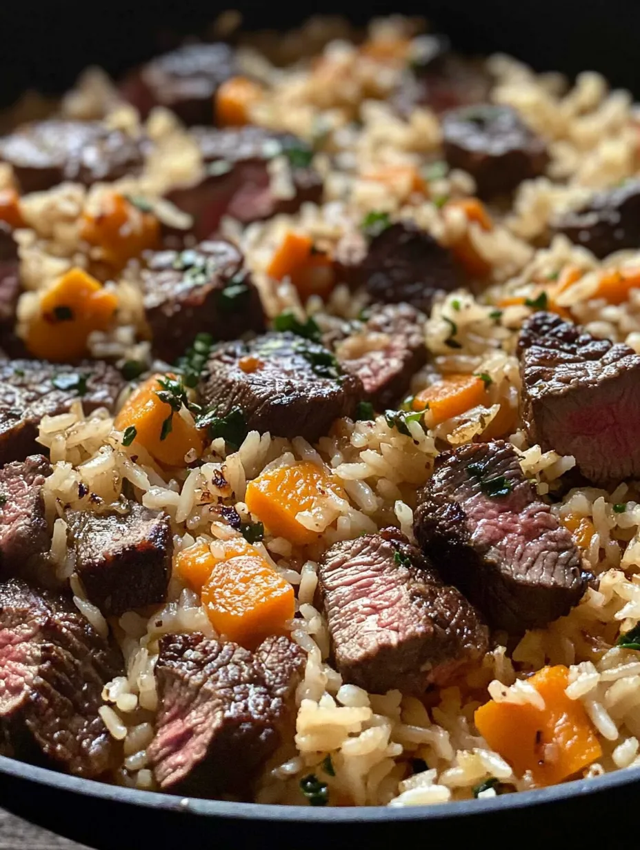 A close up of a skillet with rice, steak, and cheese.