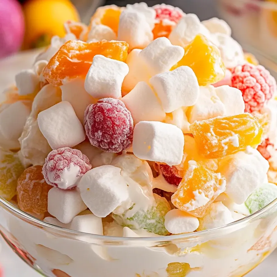 A bowl of fruit salad with marshmallows on top.