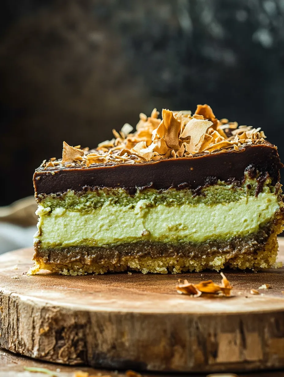 A slice of chocolate cheesecake with a topping of nuts.