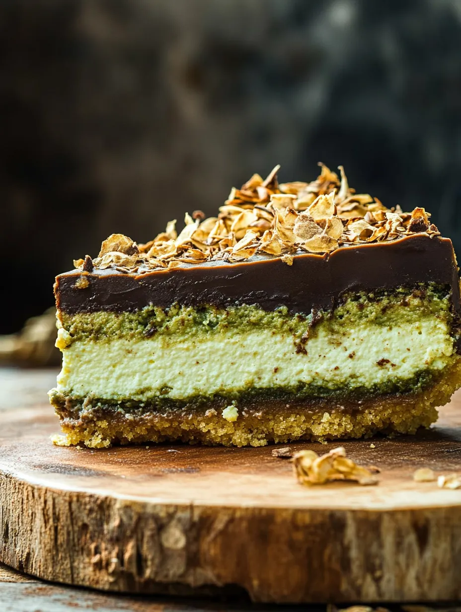 A slice of chocolate cheesecake with a crumbly topping.