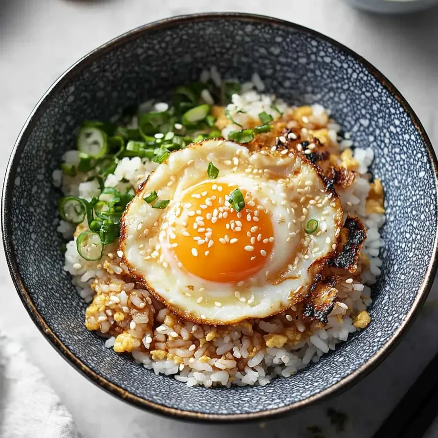A bowl of rice with an egg on top.