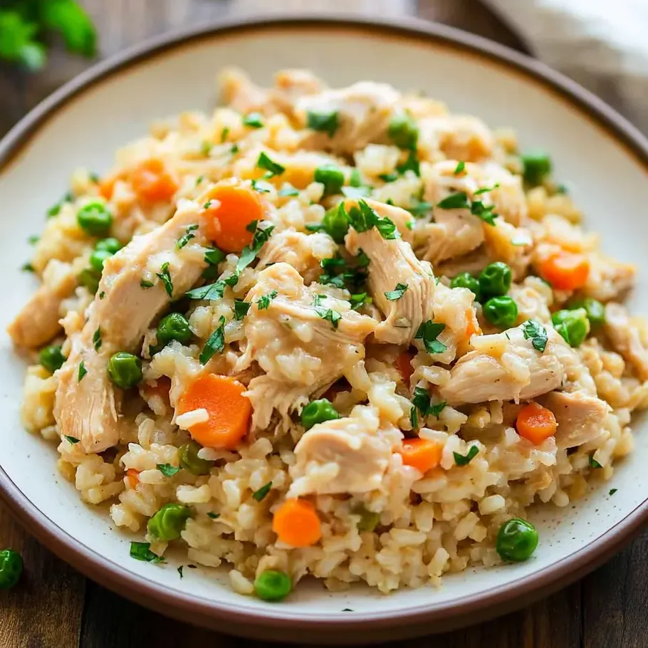 A bowl of rice with chicken and peas.